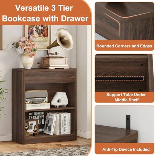 FATORRI Fluted Console Table and 3-Tier Bookshelf Set of 2, Sofa Table with Open Bottom Shelf & Bookcase with Drawer for Living Room Entryway Bedroom, Dark Walnut - Image 6