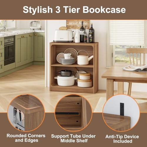 FATORRI 6-Cube Storage Organizer and 3-Tier Bookshelf Set of 2, Open Shelf Bookcase and Cube Bookcase with Rounded Corners for Living Room Bedroom Office, Walnut - Image 6