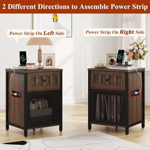 FATORRI End Table with Charging Station, Farmhouse Side Table with Drawer, Rustic Wood and Metal Nightstand and Bedside Tables for Living Room (Rustic Brown) - Image 4