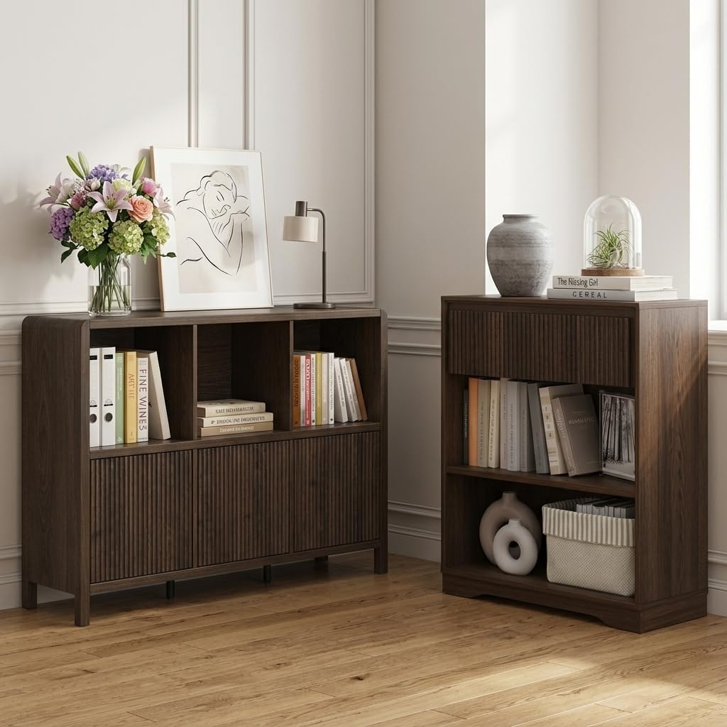FATORRI Bookcase Set, 3-Tier Wood Bookshelf with Fluted Drawer and 6-Cube Storage Organizer with 3 Doors, Wooden Bookcases for Living Room, Home Office, Bedroom, Dark Walnut