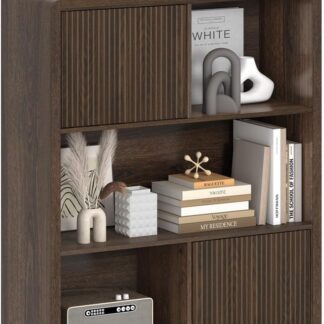 FATORRI Bookshelf with 2 Fluted Wooden Doors, Farmhouse Modern Accent Bookcase with Storage, 5 Cube Display Cabinet Book Shelf for Bedroom/Home Office/Living Room (Dark Walnut)
