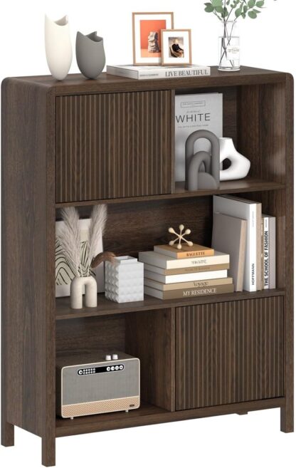 FATORRI Bookshelf with 2 Fluted Wooden Doors, Farmhouse Modern Accent Bookcase with Storage, 5 Cube Display Cabinet Book Shelf for Bedroom/Home Office/Living Room (Dark Walnut)