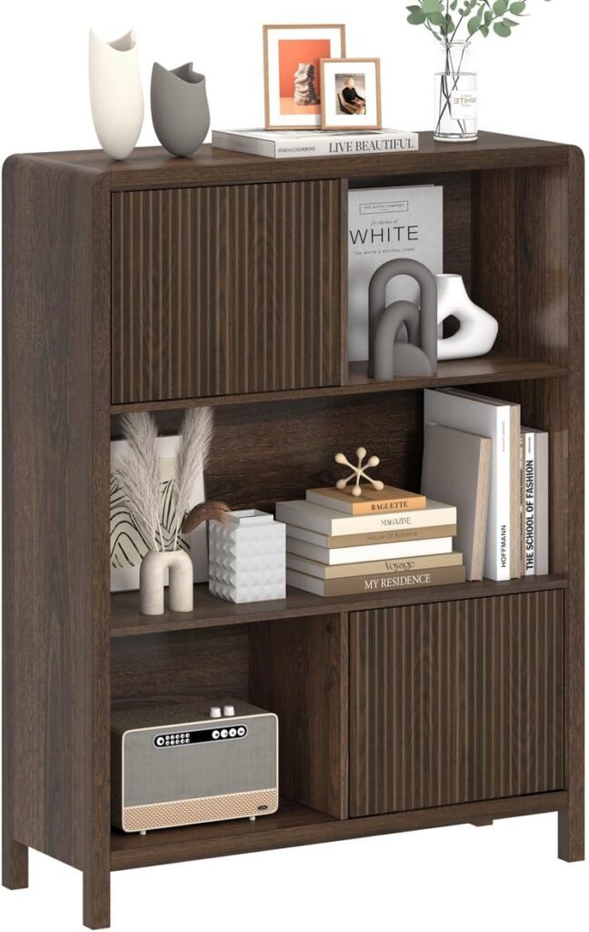 FATORRI Bookshelf with 2 Fluted Wooden Doors, Farmhouse Modern Accent Bookcase with Storage, 5 Cube Display Cabinet Book Shelf for Bedroom/Home Office/Living Room (Dark Walnut)