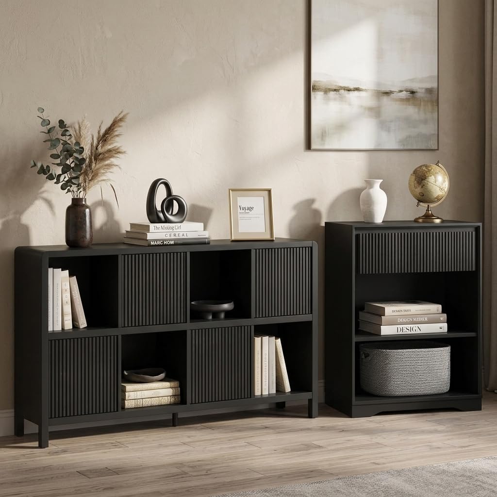FATORRI Bookcase Set, 3-Tier Small Bookshelf with Fluted Drawer and 8-Cube Storage Organizer with 4 Doors, Wood Display Shelves for Living Room, Home Office, Bedroom, Black