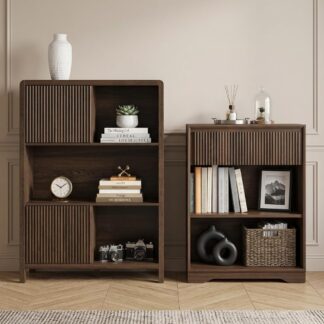FATORRI 2-Piece Bookshelf Set, 3-Tier Bookcase with Drawer and 5-Cube Storage Organizer with 2 Doors, Dark Walnut