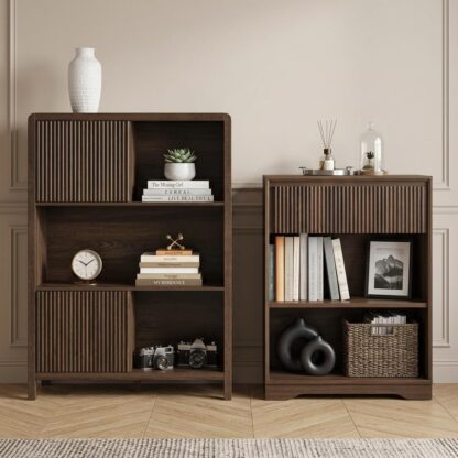 FATORRI 2-Piece Bookshelf Set, 3-Tier Bookcase with Drawer and 5-Cube Storage Organizer with 2 Doors, Dark Walnut