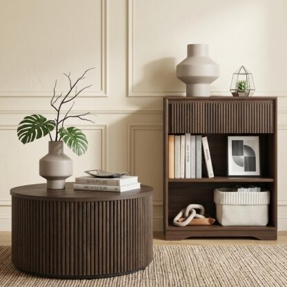 FATORRI Fluted Living Room Furniture Set, 3-Tier Bookshelf with Drawer & 31.5" Round Coffee Table with Hidden Storage, Dark Walnut