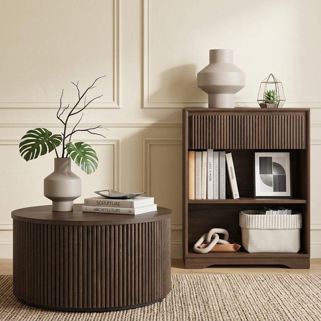 FATORRI Fluted Living Room Furniture Set, 3-Tier Bookshelf with Drawer & 31.5" Round Coffee Table with Hidden Storage, Dark Walnut