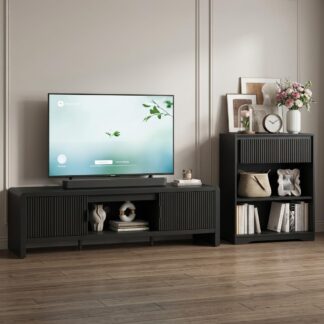 FATORRI TV Stand and Bookshelf Set, 63" Wood Media Console with Fluted Doors and 3-Tier Bookcase with Drawer, Black