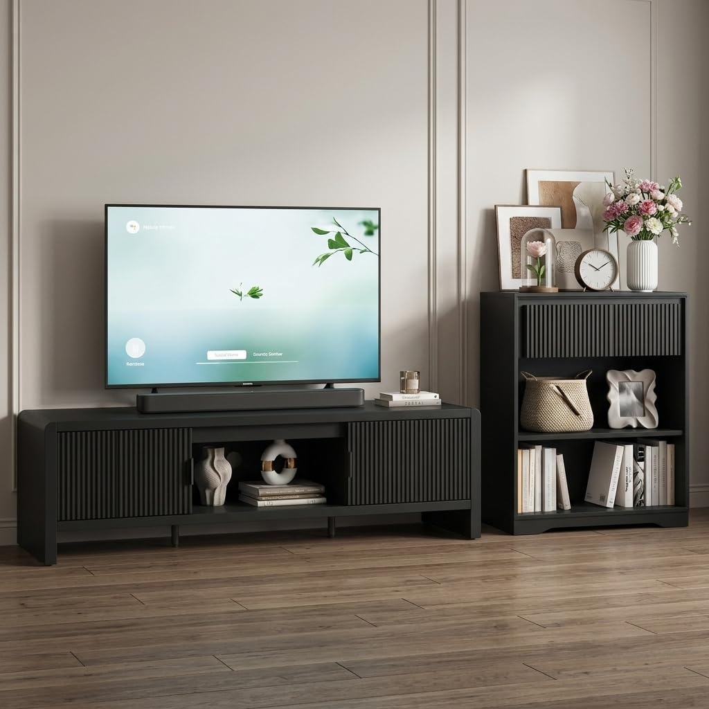 FATORRI TV Stand and Bookshelf Set, 63" Wood Media Console with Fluted Doors and 3-Tier Bookcase with Drawer, Black