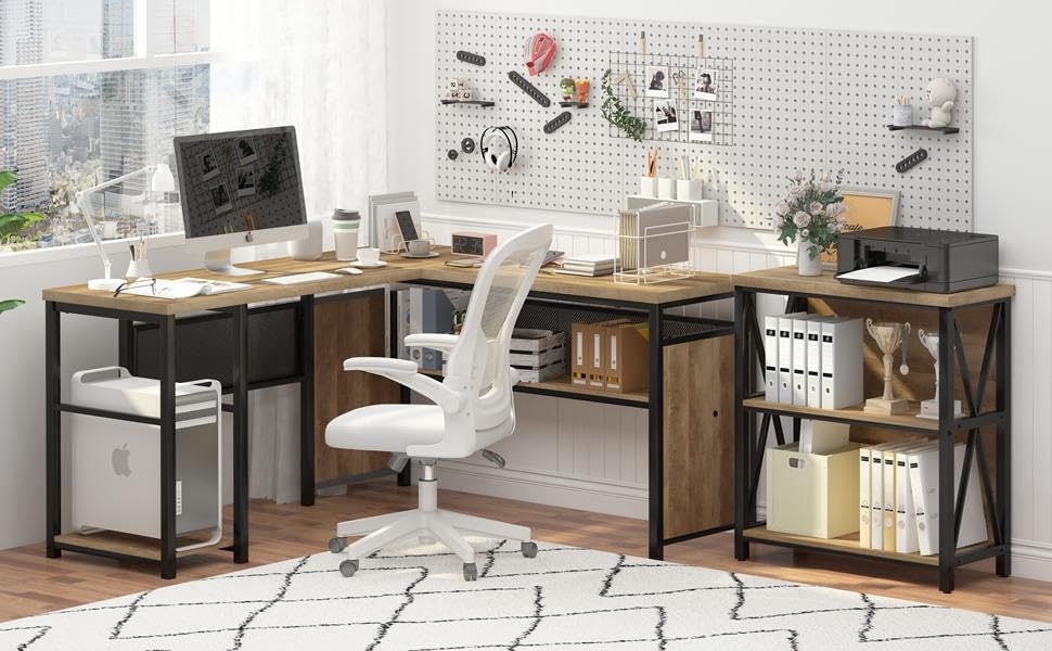 FATORRI Industrial L Shaped Computer Desk and Small Bookshelf for Home Office (Rustic Oak)