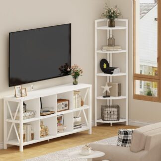 FATORRI 8 Cube Storage Organizer Bookshelf and Tall Corner Shelf Stand (White Oak)