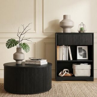 FATORRI Fluted Living Room Furniture Set, 3-Tier Bookshelf with Drawer & 31.5" Round Coffee Table with Hidden Storage, Black
