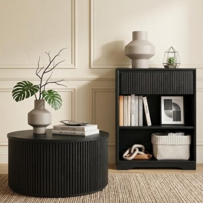 FATORRI Fluted Living Room Furniture Set, 3-Tier Bookshelf with Drawer & 31.5" Round Coffee Table with Hidden Storage, Black