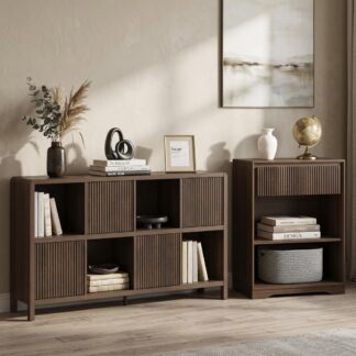 FATORRI Bookcase Set, 3-Tier Small Bookshelf with Fluted Drawer and 8-Cube Storage Organizer with 4 Doors, Wood Display Shelves for Living Room, Home Office, Bedroom, Dark Walnut