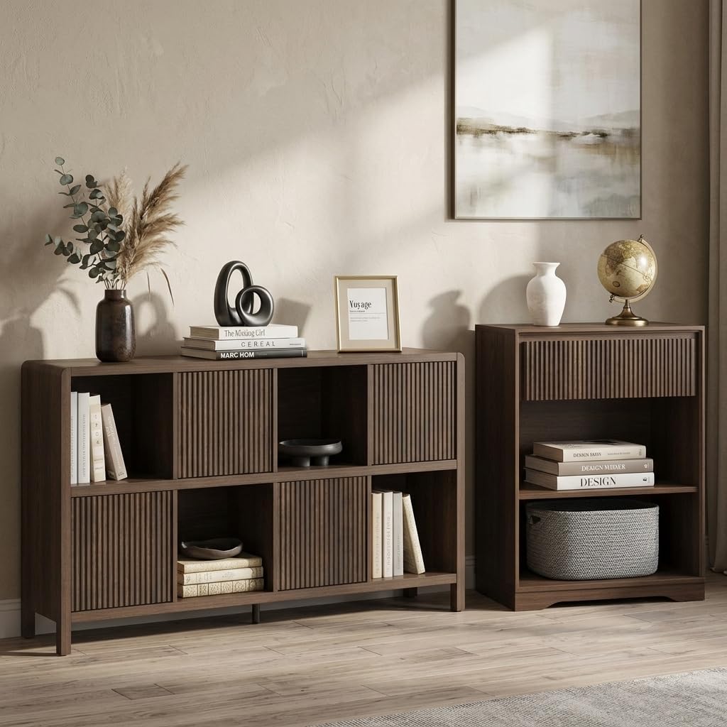 FATORRI Bookcase Set, 3-Tier Small Bookshelf with Fluted Drawer and 8-Cube Storage Organizer with 4 Doors, Wood Display Shelves for Living Room, Home Office, Bedroom, Dark Walnut