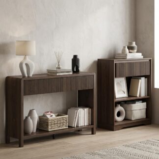 FATORRI Bookcase and Console Table Set, 3-Tier Wood Bookshelf with Fluted Drawer and 47.2" Sofa Table with 2 Drawers, Entryway Table with Storage, Dark Walnut