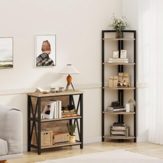 FATORRI Low Bookshelf and Corner Shelf for Home Office (Rustic Oak)