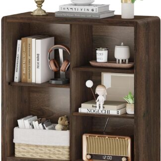 FATORRI 5 Cube Bookshelf, Wood Bookcase with 3 Adjustable Shelves, Farmhouse Cube Storage Organizer Shelf for Small Space Bedroom Living Room (Dark Walnut)
