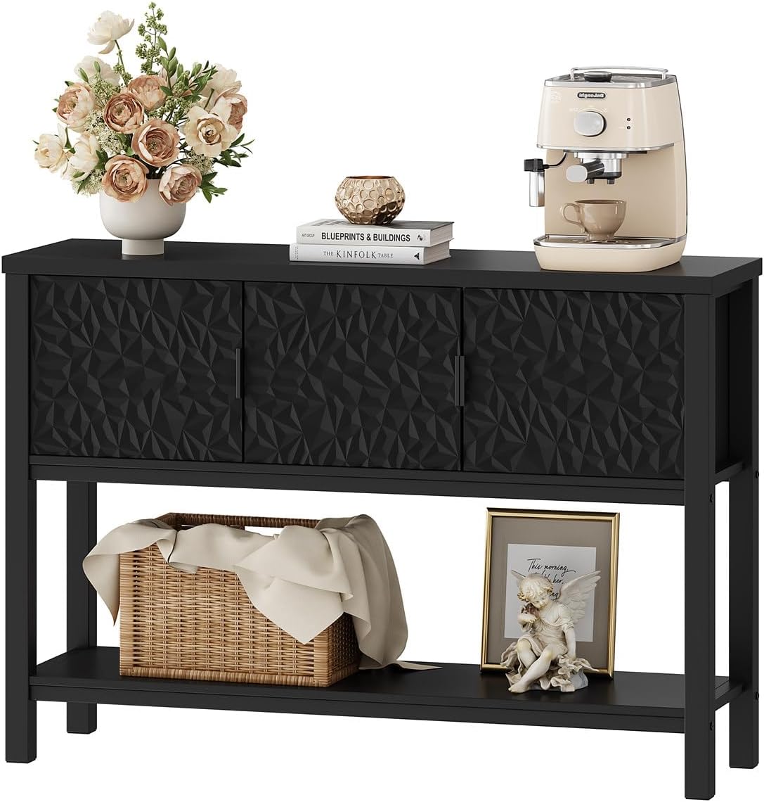 FATORRI Console Table with 3 Doors, 47 Inch Entryway Sofa Table with Storage and Shelf, Modern Foyer Table, Accent Dining Buffet Sideboard Coffee Bar for Hallway, Living Room,Black