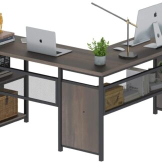 FATORRI L Shaped Desk, Industrial Reversible Home Office Computer Desk with Wood Shelves, Corner Desks with Metal Legs (Walnut Brown, 59 Inch)