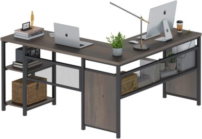 FATORRI L Shaped Desk, Industrial Reversible Home Office Computer Desk with Wood Shelves, Corner Desks with Metal Legs (Walnut Brown, 59 Inch)