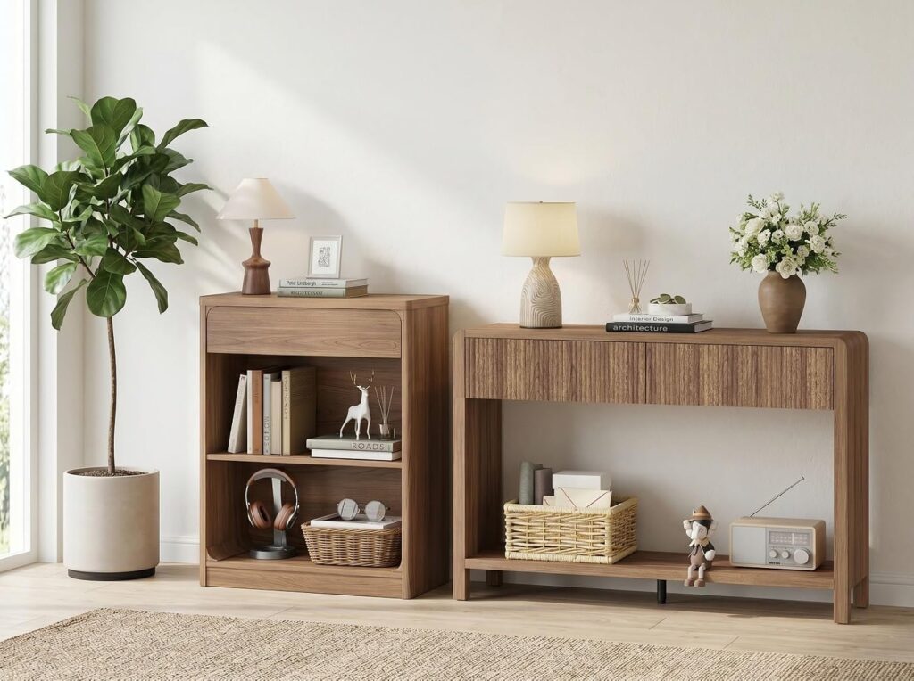 FATORRI Fluted Console Table and 3-Tier Bookshelf Set of 2, Sofa Table with Open Bottom Shelf & Bookcase with Drawer for Living Room Entryway Bedroom, Walnut