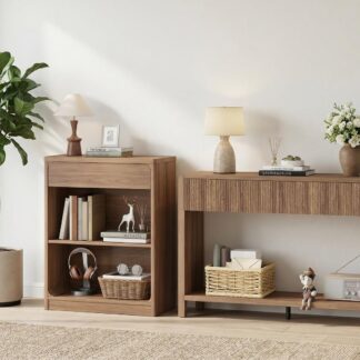 FATORRI Fluted Console Table and 3-Tier Bookshelf Set of 2, Sofa Table with Open Bottom Shelf & Bookcase with Drawer for Living Room Entryway Bedroom, Walnut