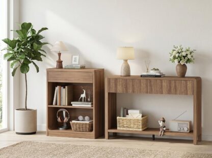FATORRI Fluted Console Table and 3-Tier Bookshelf Set of 2, Sofa Table with Open Bottom Shelf & Bookcase with Drawer for Living Room Entryway Bedroom, Walnut