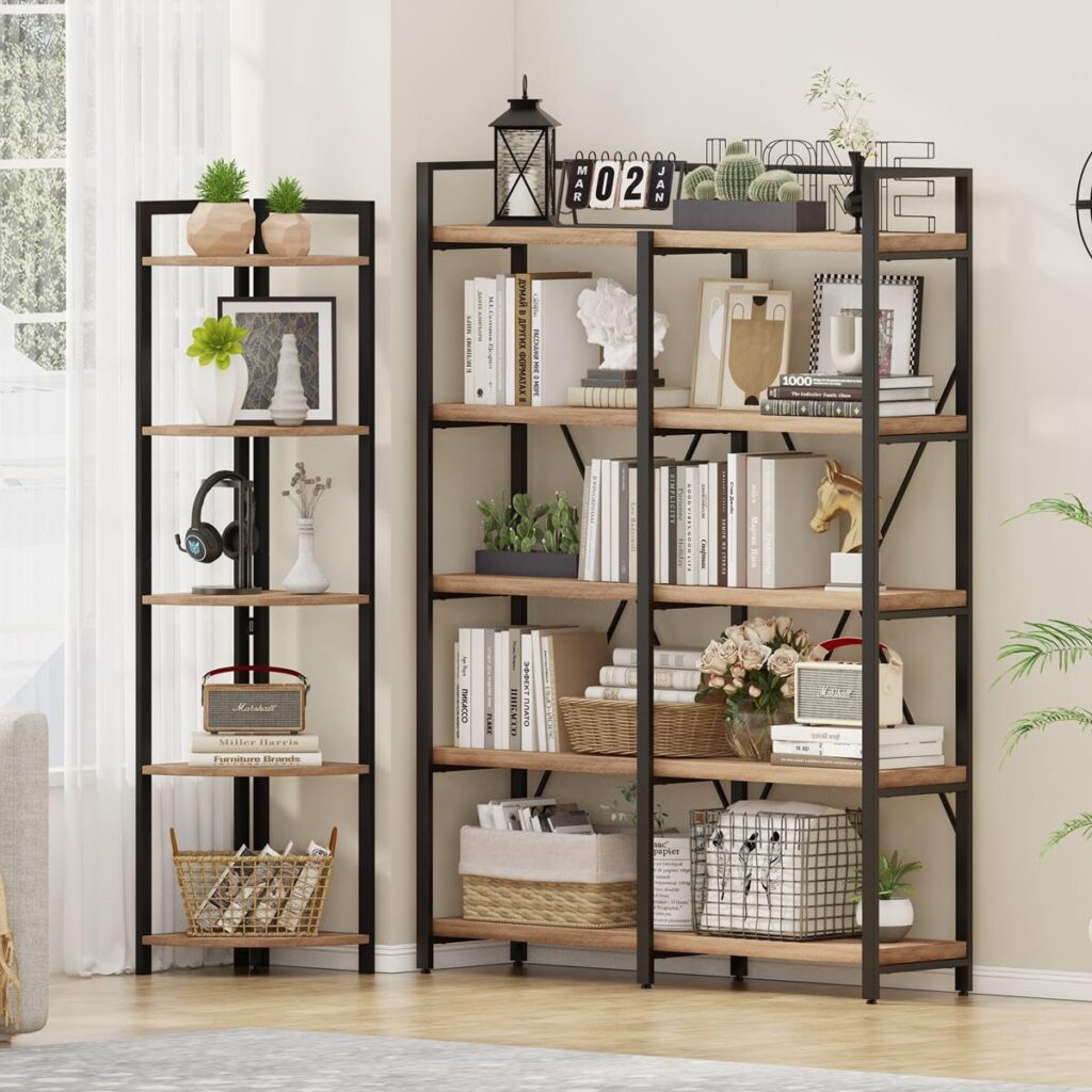 FATORRI Wood and Metal Bookshelf and Corner Shelf for Home (Rustic Oak)