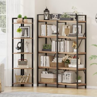FATORRI Wood and Metal Bookshelf and Corner Shelf for Home (Rustic Oak)