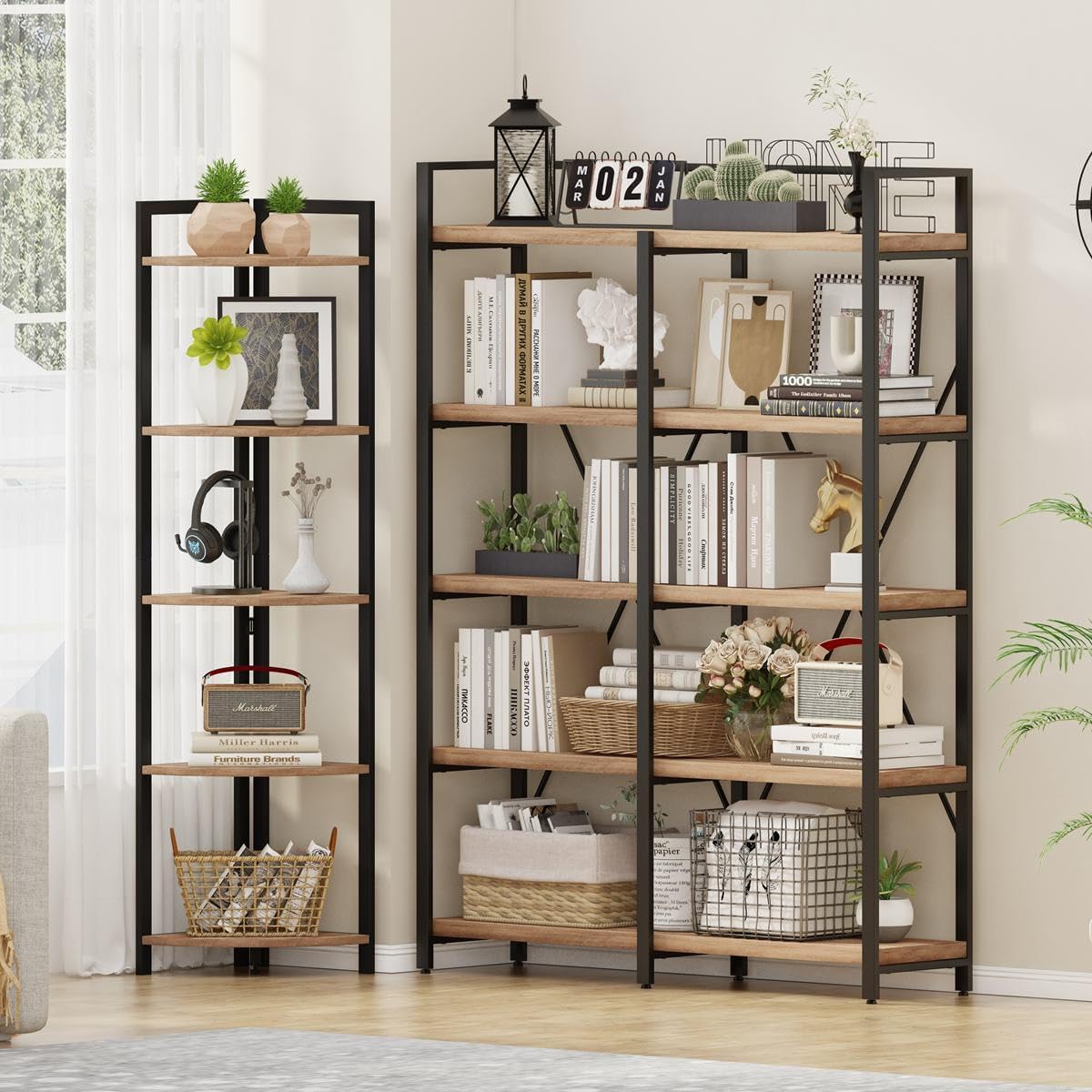 FATORRI Wood and Metal Bookshelf and Corner Shelf for Home (Rustic Oak)