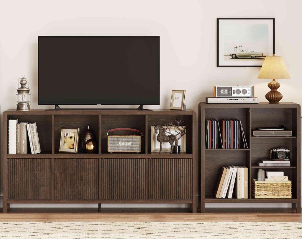 FATORRI 8 Cube Bookcase with 4 Doors and 5 Cube Bookshelf for Living Room (Dark Walnut)