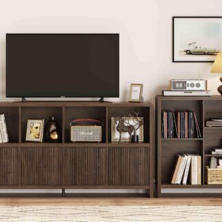 FATORRI 8 Cube Bookcase with 4 Doors and 5 Cube Bookshelf for Living Room (Dark Walnut)