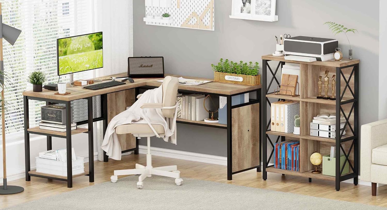 FATORRI Industrial L Shaped Computer Desk and6 Cube Bookshelf for Home Office (Rustic Oak)