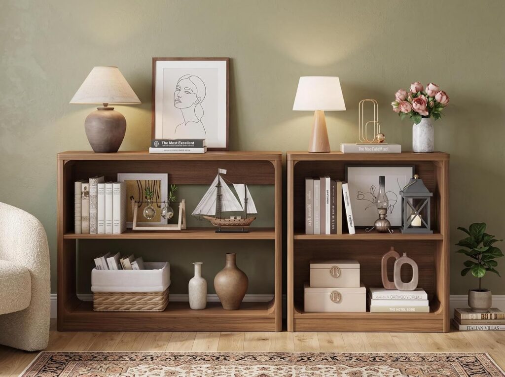 FATORRI Console Table & Bookcase Bundle with Rounded Edges, Walnut Bookshelf and Sofa Table for Living Room, Entryway