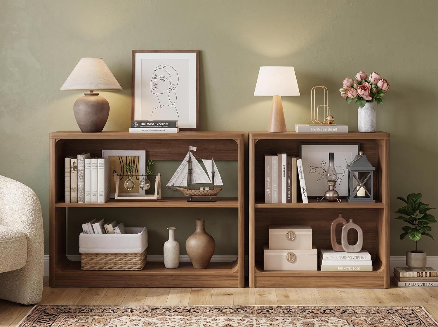 FATORRI Console Table & Bookcase Bundle with Rounded Edges, Walnut Bookshelf and Sofa Table for Living Room, Entryway