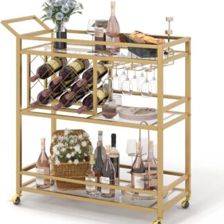 FATORRI Bar Cart Gold, Home Bar Serving Cart with Wine Rack and Glasses Holder, Wine Carts on Wheels with 3 Tier Mirrored Shelves for Liquor and Beverage (Gold)