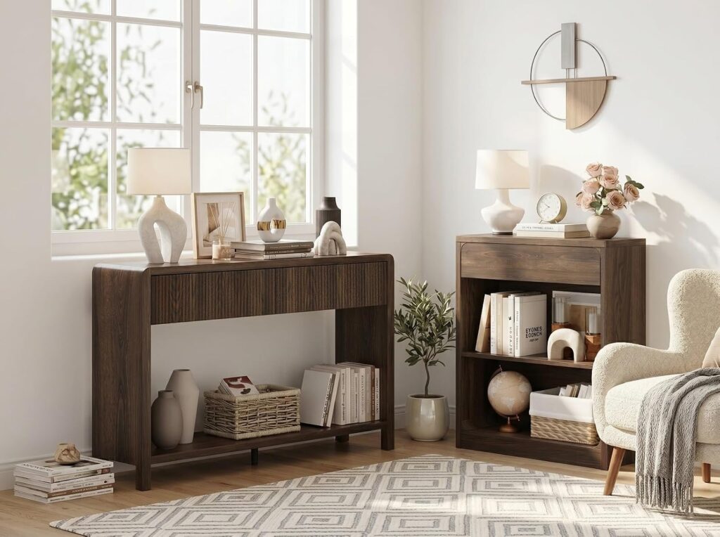 FATORRI Fluted Console Table and 3-Tier Bookshelf Set of 2, Sofa Table with Open Bottom Shelf & Bookcase with Drawer for Living Room Entryway Bedroom, Dark Walnut