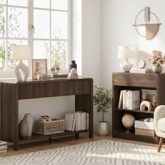FATORRI Fluted Console Table and 3-Tier Bookshelf Set of 2, Sofa Table with Open Bottom Shelf & Bookcase with Drawer for Living Room Entryway Bedroom, Dark Walnut