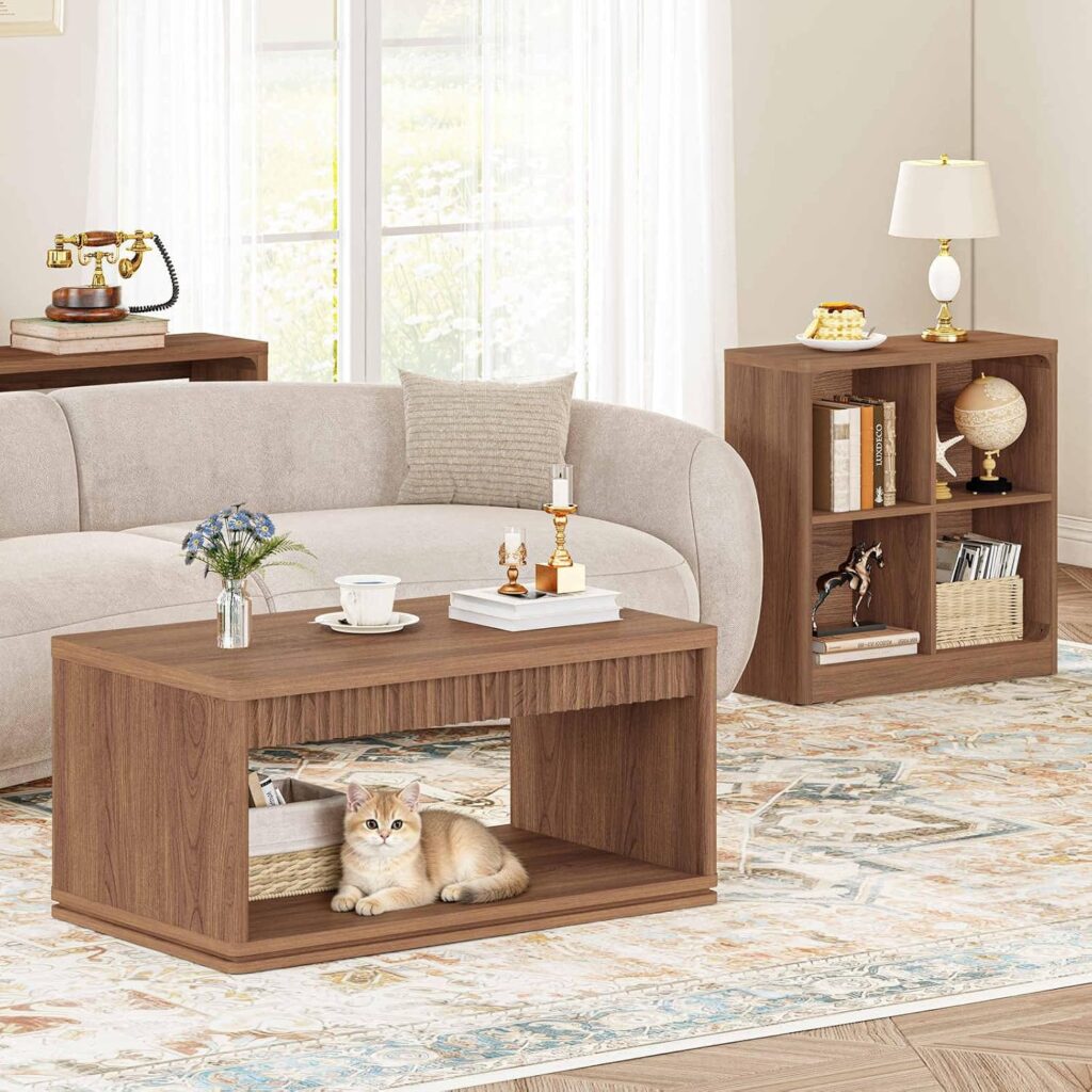FATORRI Fluted Coffee Table with Storage Shelf & 4-Cube Bookcase, Modern Farmhouse Wood Coffee Table and Storage Organizer for Living Room, Home Office (Walnut)