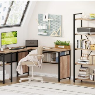 FATORRI Industrial L Shaped Computer Desk and 5 Tier Bookshelf for Home Office (Rustic Oak)