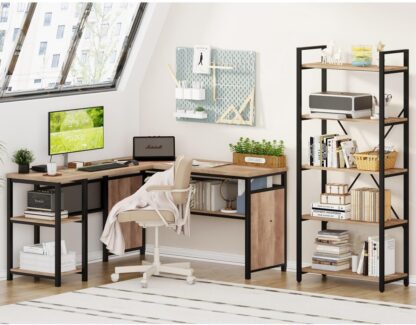 FATORRI Industrial L Shaped Computer Desk and 5 Tier Bookshelf for Home Office (Rustic Oak)