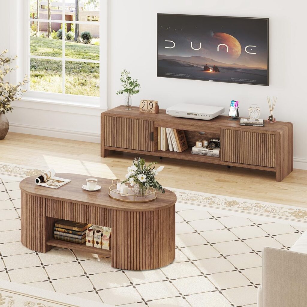 FATORRI TV Stand with Storage and Oval Coffee Table with Drawer for Living Room Bedroom (Walnut)