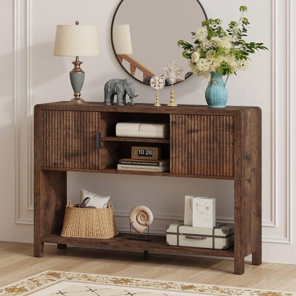 FATORRI Industrial Console Entryway Table with Storage, 43.31 inch Farmhouse Sofa Table Coffee Bar with Fluted Doors and Shelves for Living Room, Dining, Hallway, Kitchen, Rustic Brown