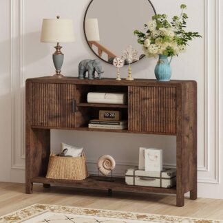 FATORRI Industrial Console Entryway Table with Storage, 43.31 inch Farmhouse Sofa Table Coffee Bar with Fluted Doors and Shelves for Living Room, Dining, Hallway, Kitchen, Rustic Brown