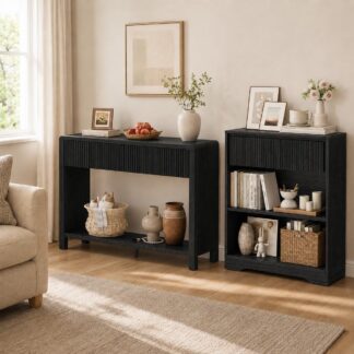 FATORRI 3‑Tier Bookhelf & 2‑Drawer Console Table Bundle, Black Wave‑Pattern Drawer Wood Living Room Set