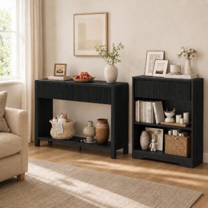 FATORRI 3‑Tier Bookhelf & 2‑Drawer Console Table Bundle, Black Wave‑Pattern Drawer Wood Living Room Set
