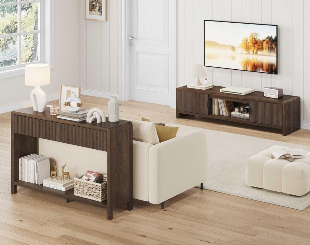 FATORRI TV Stand with Storage and Console Table with Drawers for Living Room Bedroom (Dark Walnut)