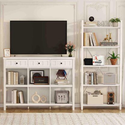 FATORRI 6 Cube Storage Bookshelf with 3 Drawers and 5 Tier Bookshelf for Living Room (White Oak)